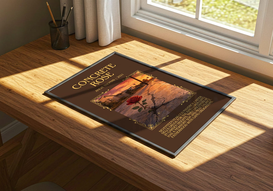 Concrete Rose Minimalist Book Poster by Angie Thomas – print on a sunlit desk