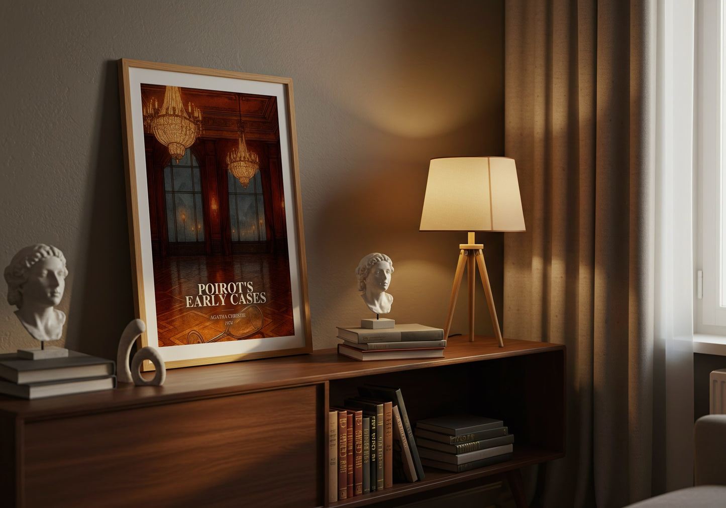 Poirot'S Early Cases watercolour print on bookshelf – Agatha Christie fan gift