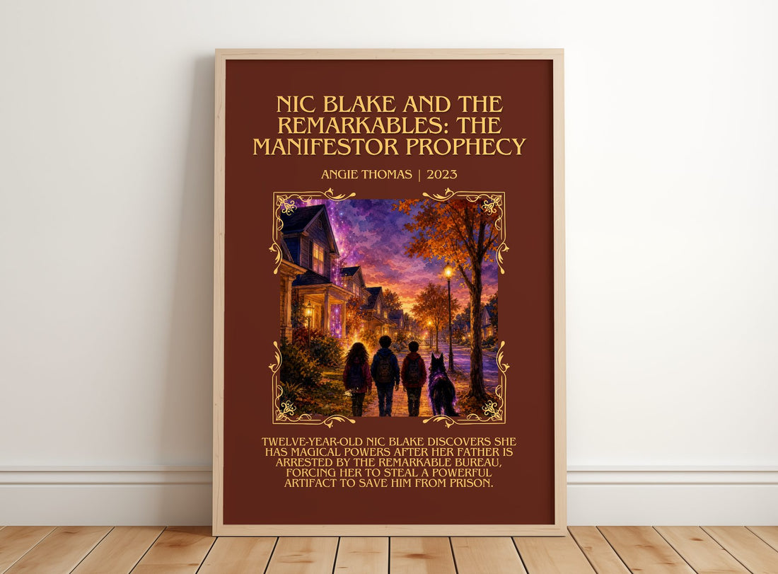 Nic Blake And The Remarkables: The Manifestor Prophecy Minimalist – framed print leaning on a wooden floor