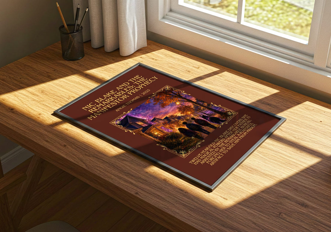 Nic Blake And The Remarkables: The Manifestor Prophecy Minimalist – print on a sunlit desk