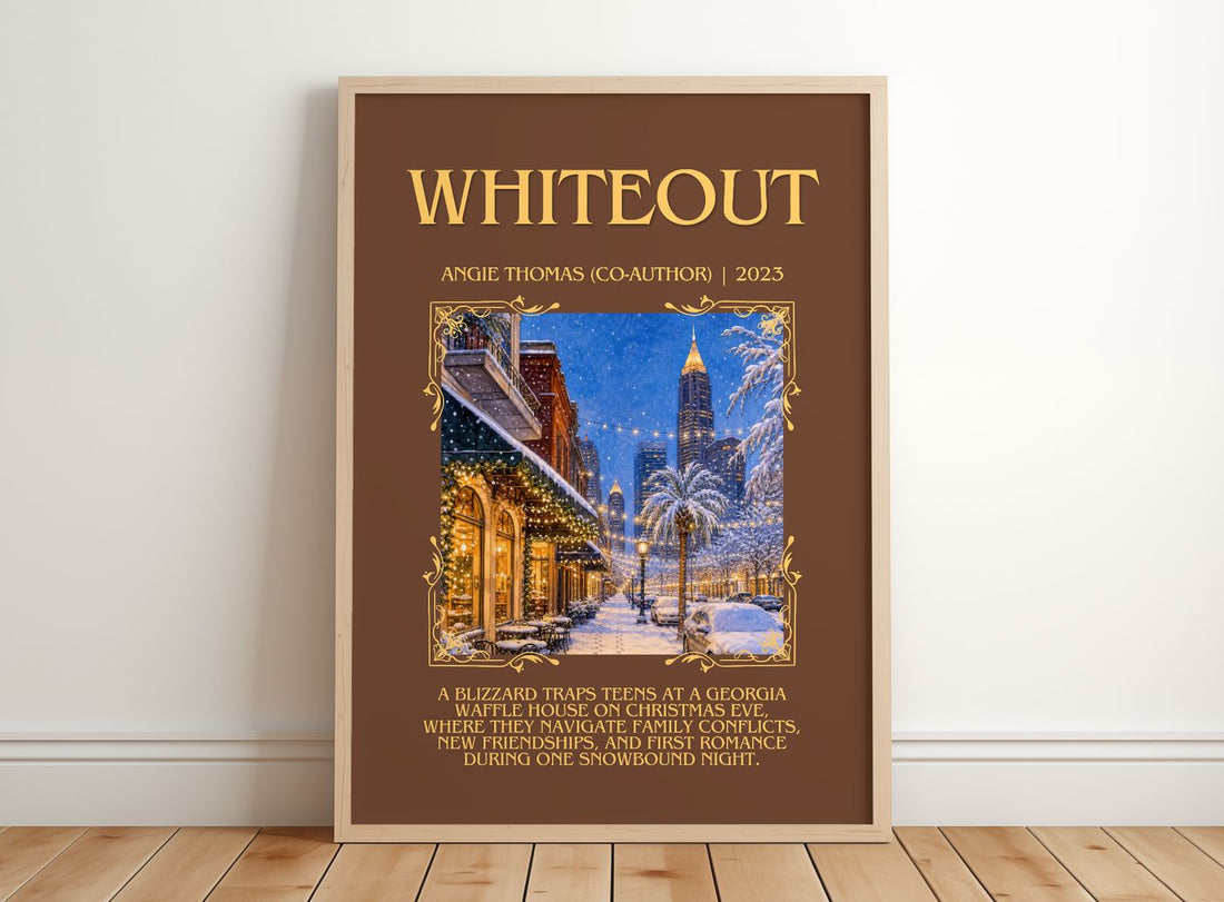 Whiteout Minimalist Book Poster by Angie Thomas (Co-Author) – framed print leaning on a wooden floor