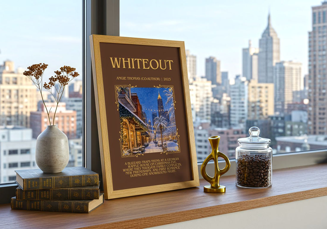 Whiteout Minimalist Book Poster by Angie Thomas (Co-Author) – framed print on a city-view windowsill