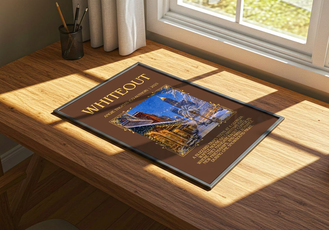 Whiteout Minimalist Book Poster by Angie Thomas (Co-Author) – print on a sunlit desk