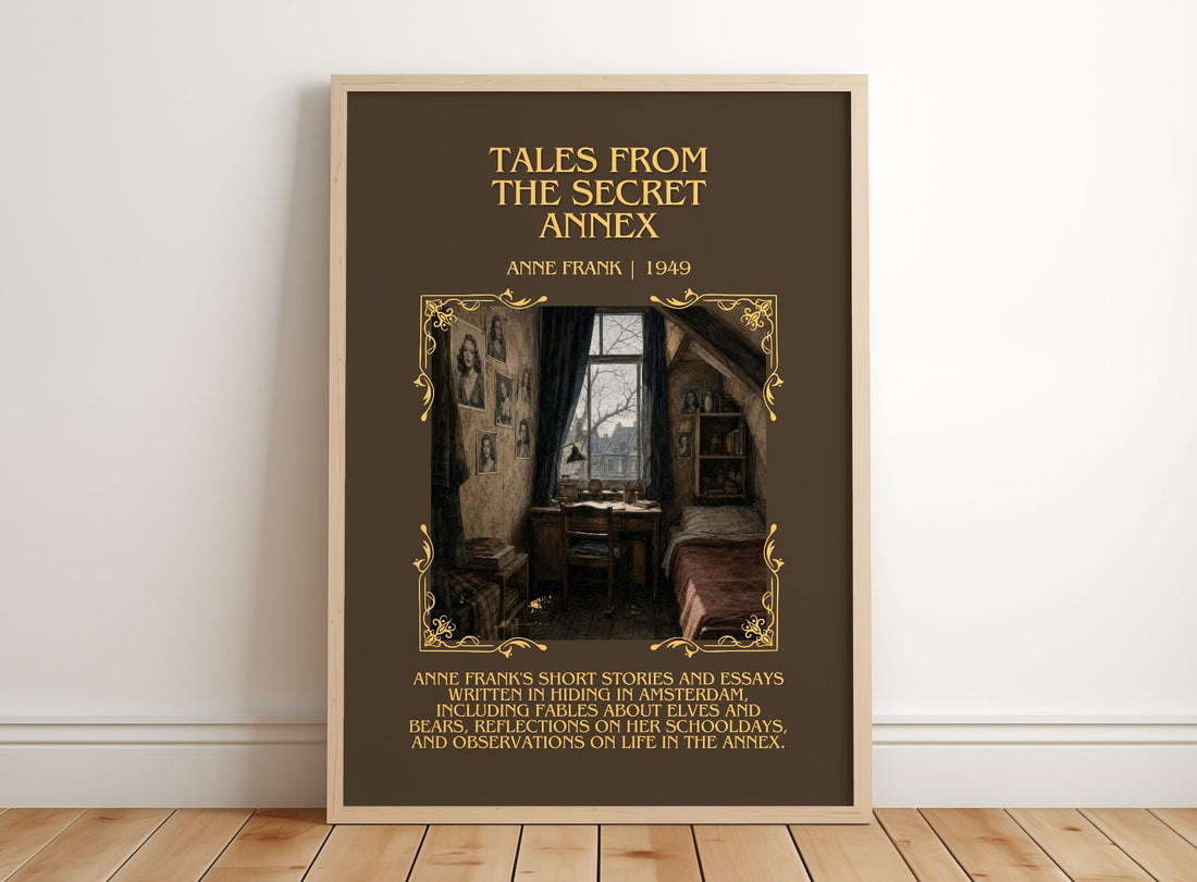 Tales From The Secret Annex Minimalist Book Poster by Anne Frank – framed print leaning on a wooden floor