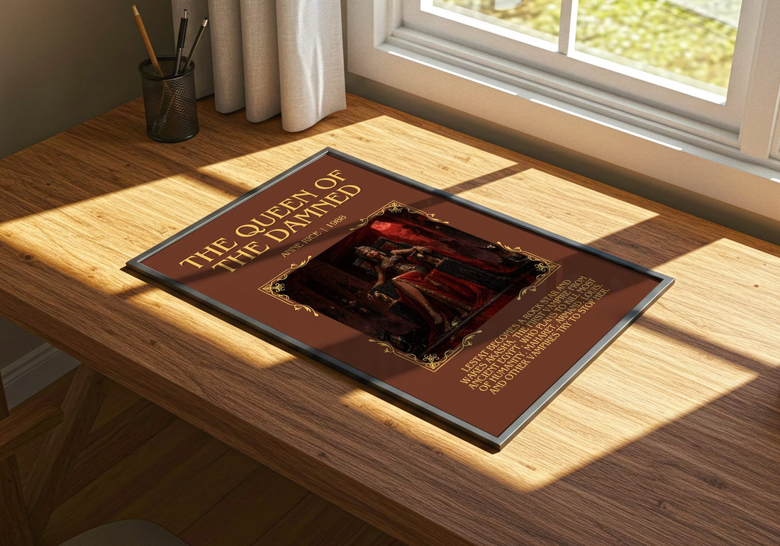 The Queen Of The Damned Minimalist Book Poster by Anne Rice – print on a sunlit desk