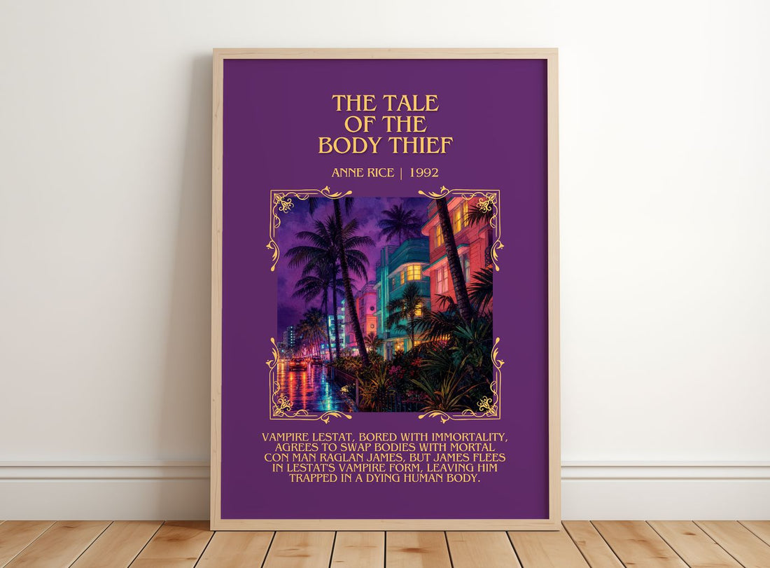 The Tale Of The Body Thief Minimalist Book Poster by Anne Rice – framed print leaning on a wooden floor