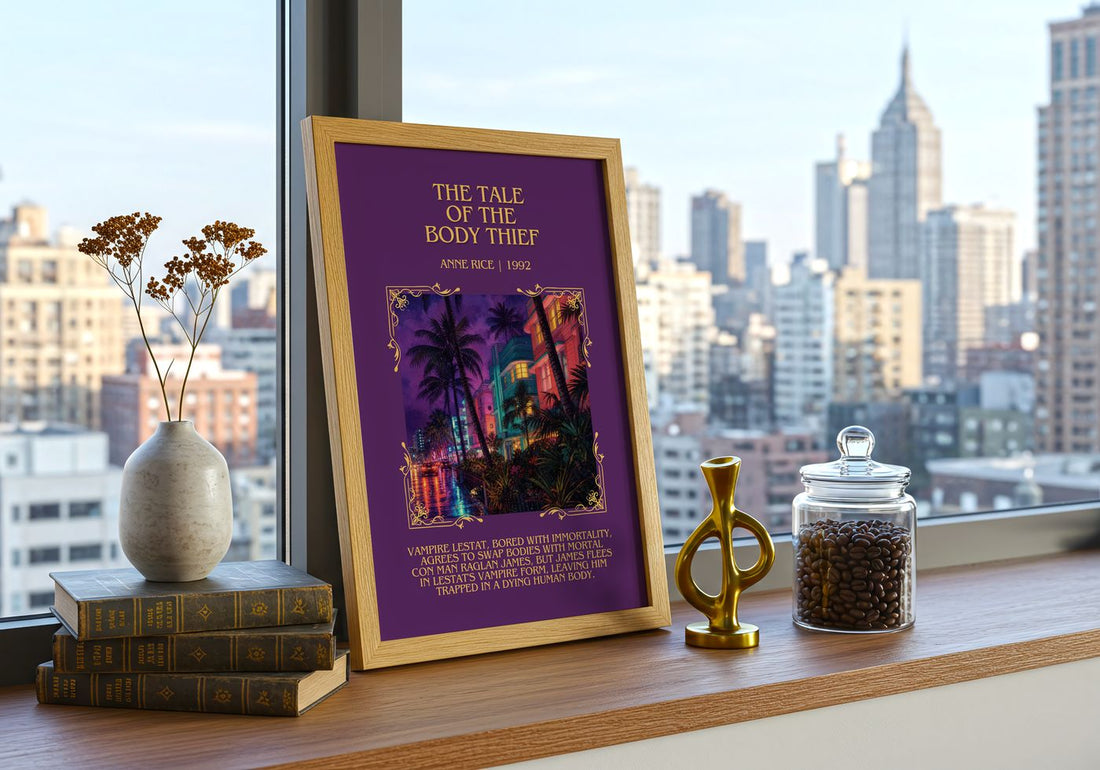 The Tale Of The Body Thief Minimalist Book Poster by Anne Rice – framed print on a city-view windowsill