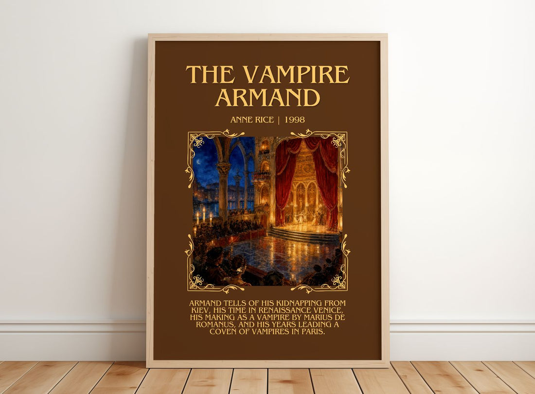 The Vampire Armand Minimalist Book Poster by Anne Rice – framed print leaning on a wooden floor