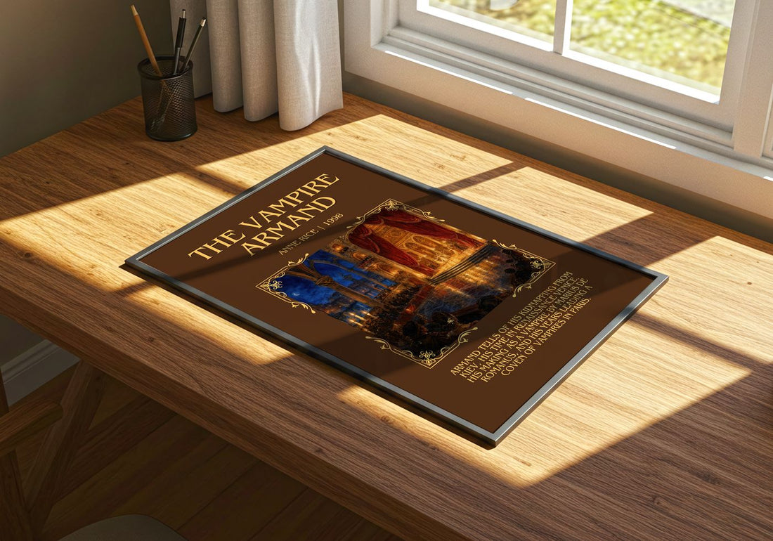 The Vampire Armand Minimalist Book Poster by Anne Rice – print on a sunlit desk