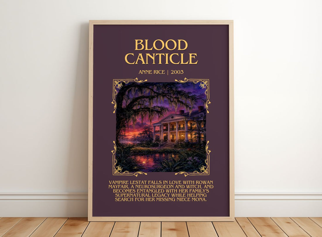 Blood Canticle Minimalist Book Poster by Anne Rice – framed print leaning on a wooden floor