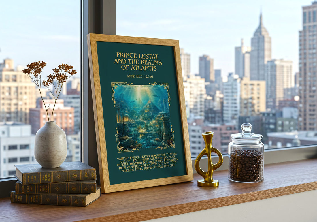 Prince Lestat And The Realms Of Atlantis Minimalist Book Poster – framed print on a city-view windowsill