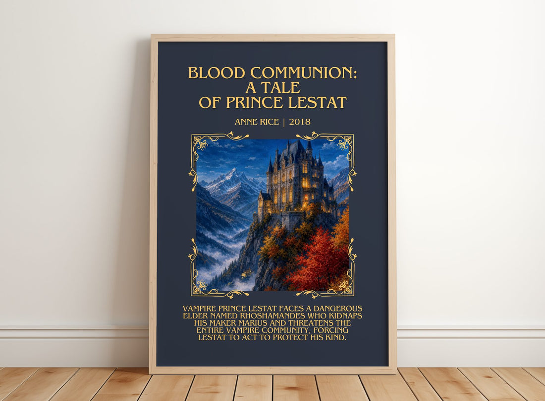 Blood Communion: A Tale Of Prince Lestat Minimalist Book Poster – framed print leaning on a wooden floor