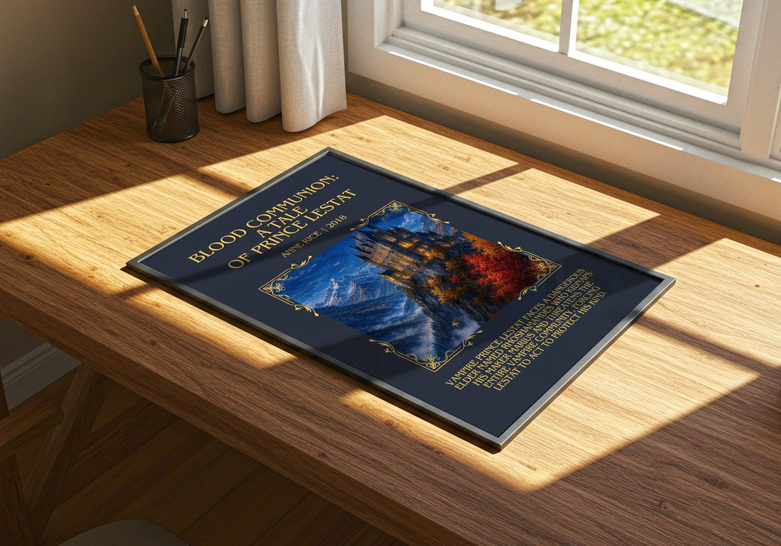 Blood Communion: A Tale Of Prince Lestat Minimalist Book Poster – print on a sunlit desk