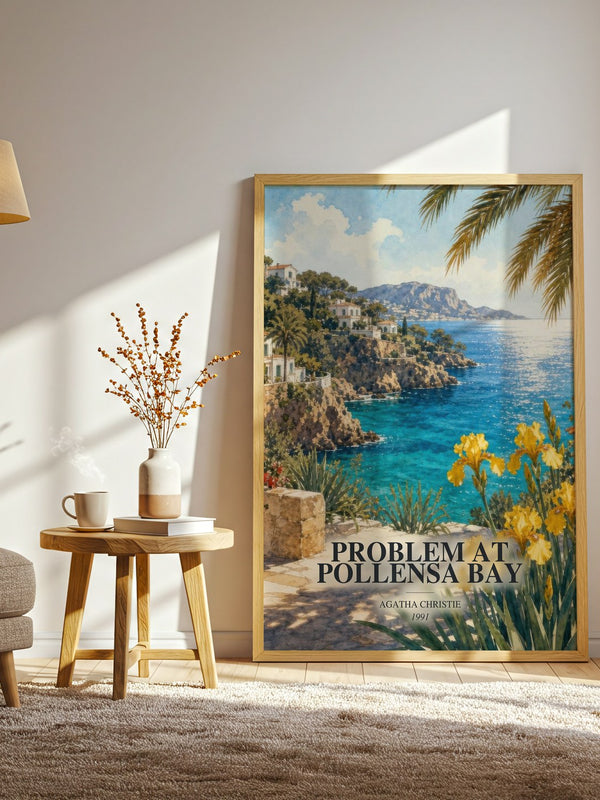 Problem At Pollensa Bay watercolour print in frame leaning in hallway – mystery wall art