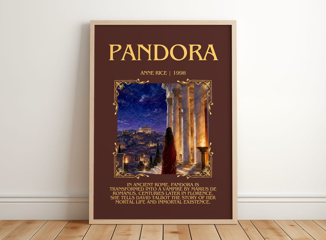 Pandora Minimalist Book Poster by Anne Rice – framed print leaning on a wooden floor