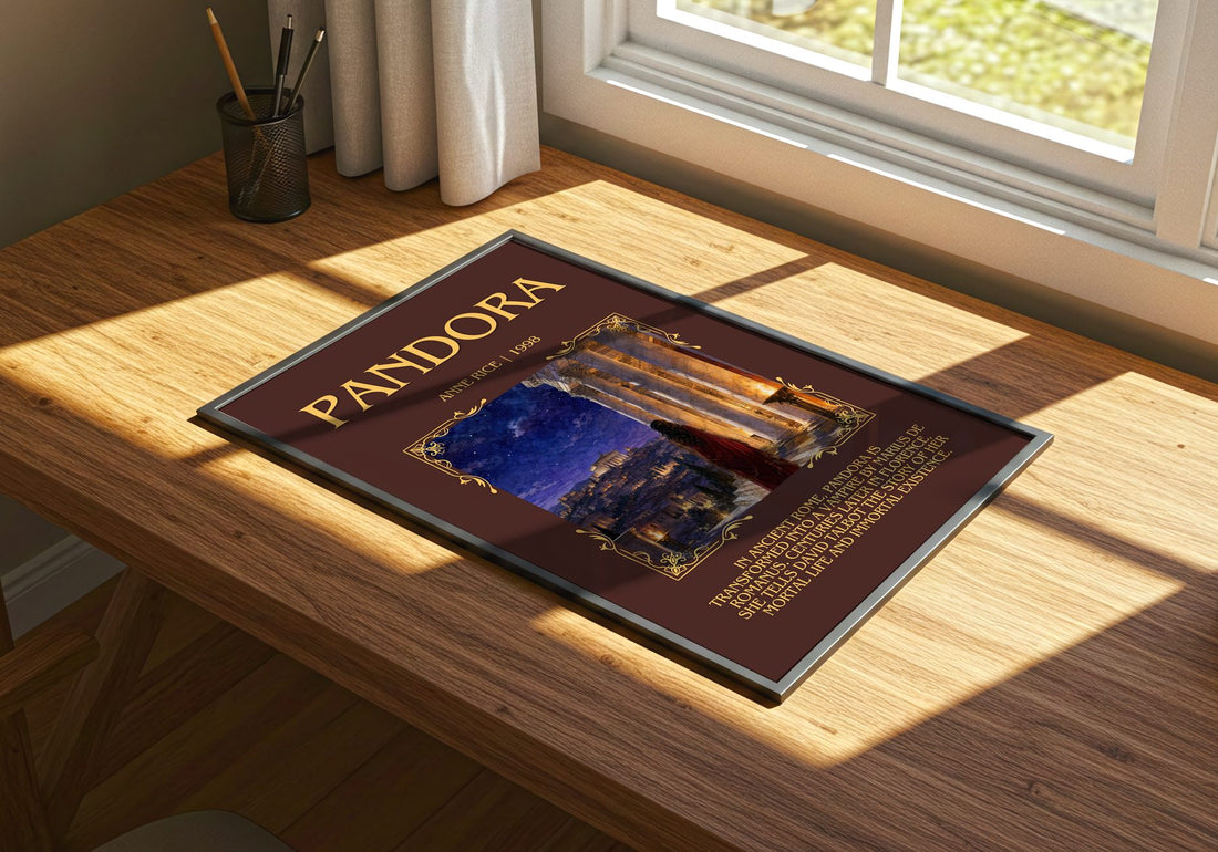 Pandora Minimalist Book Poster by Anne Rice – print on a sunlit desk