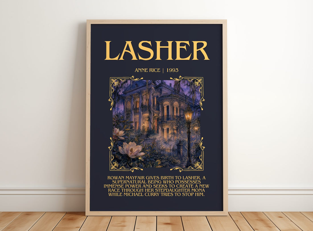 Lasher Minimalist Book Poster by Anne Rice – framed print leaning on a wooden floor