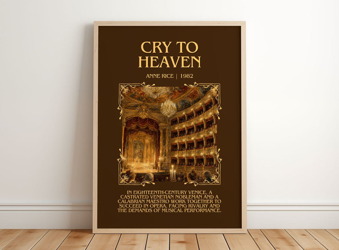 Cry To Heaven Minimalist Book Poster by Anne Rice – framed print leaning on a wooden floor