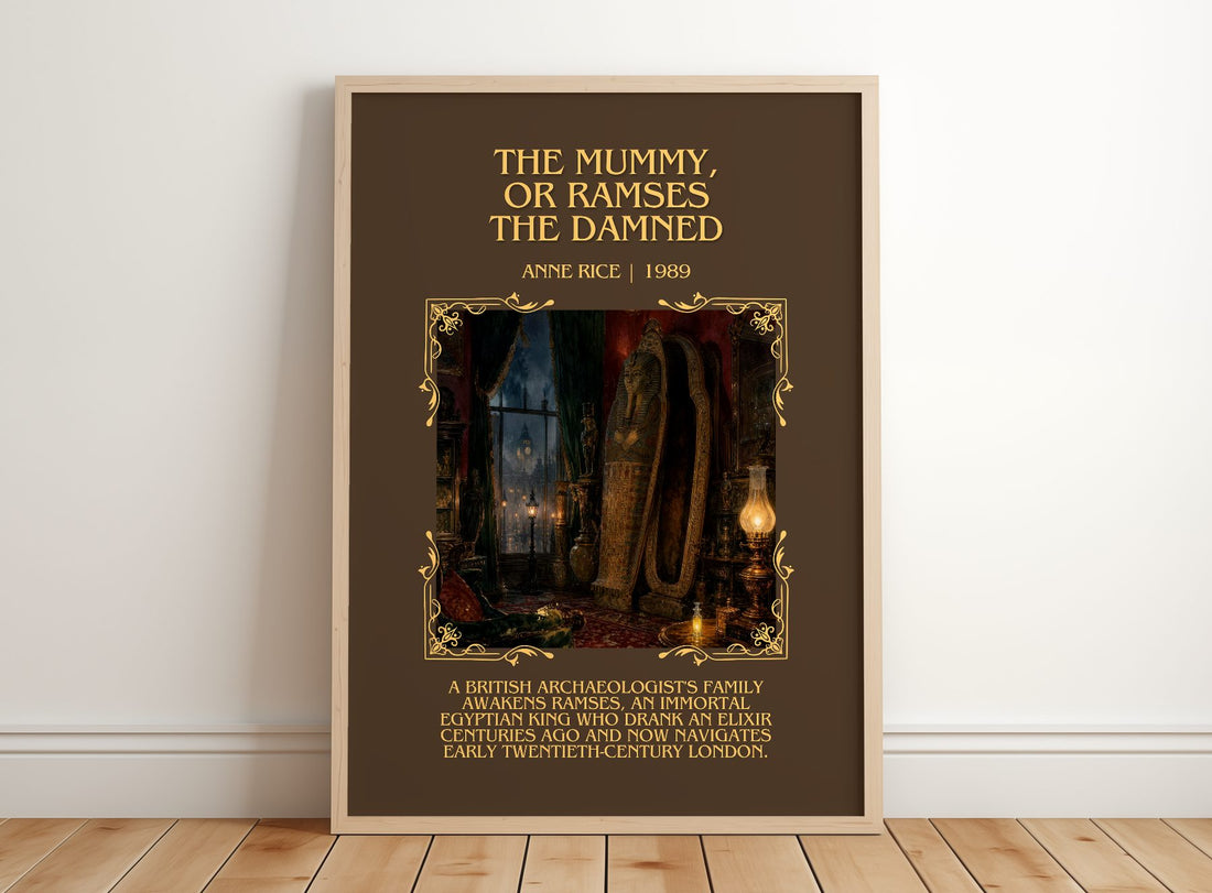 The Mummy, Or Ramses The Damned Minimalist Book Poster by Anne Rice – framed print leaning on a wooden floor
