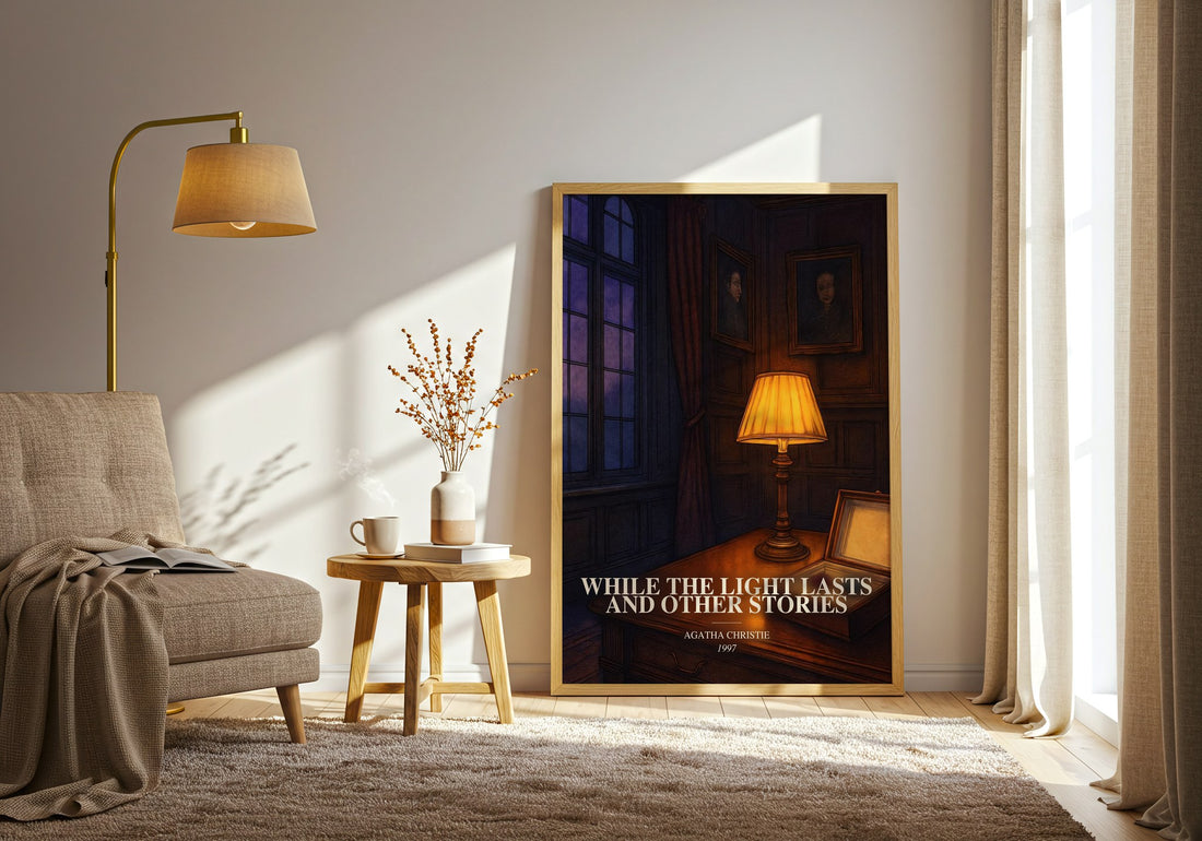 While The Light Lasts And Other Stories watercolour print in frame leaning in hallway – mystery wall art