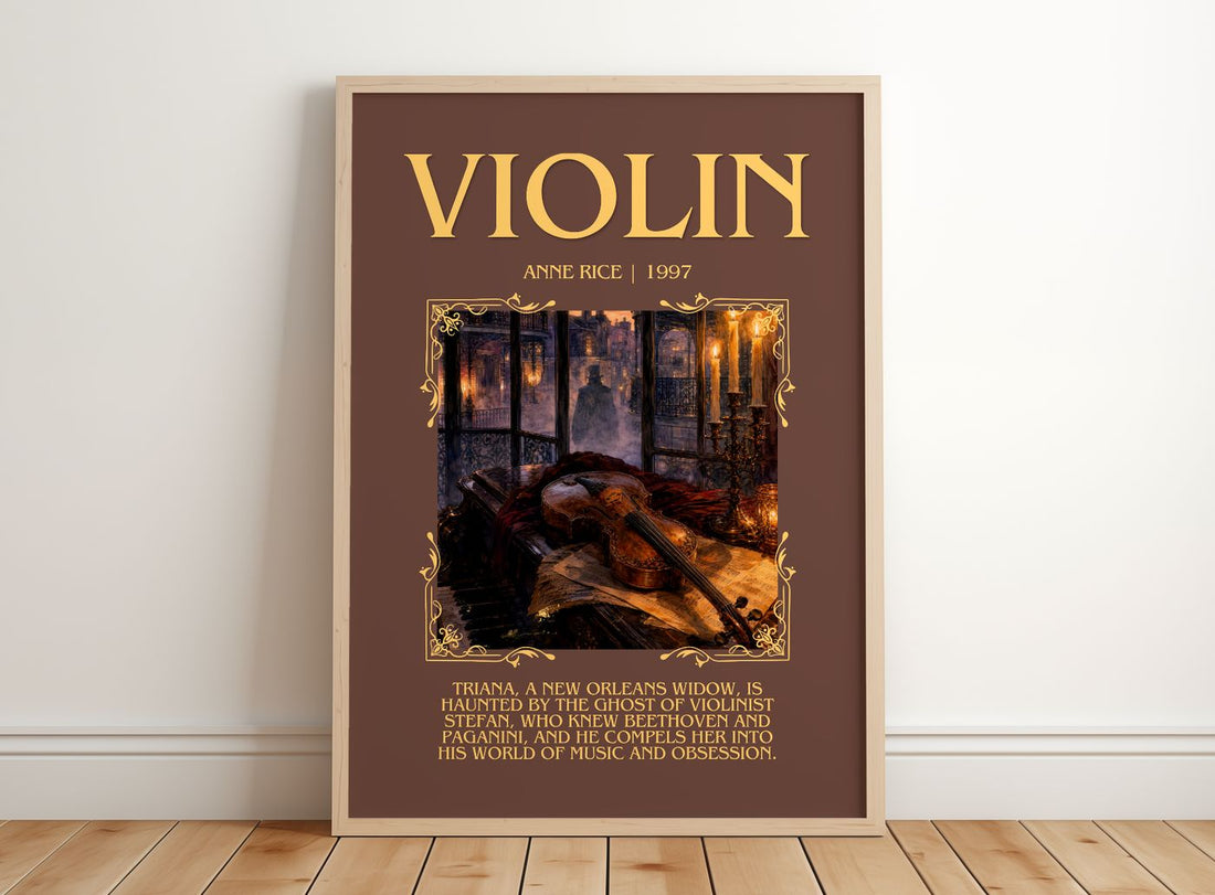 Violin Minimalist Book Poster by Anne Rice – framed print leaning on a wooden floor