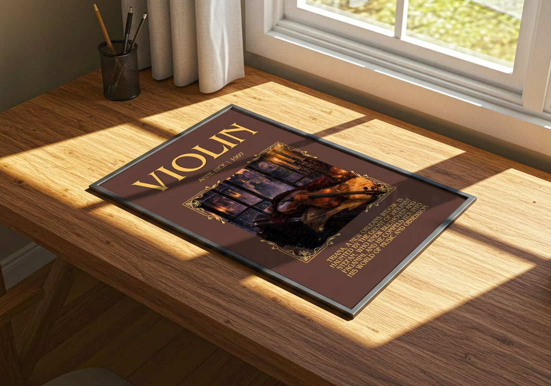 Violin Minimalist Book Poster by Anne Rice – print on a sunlit desk