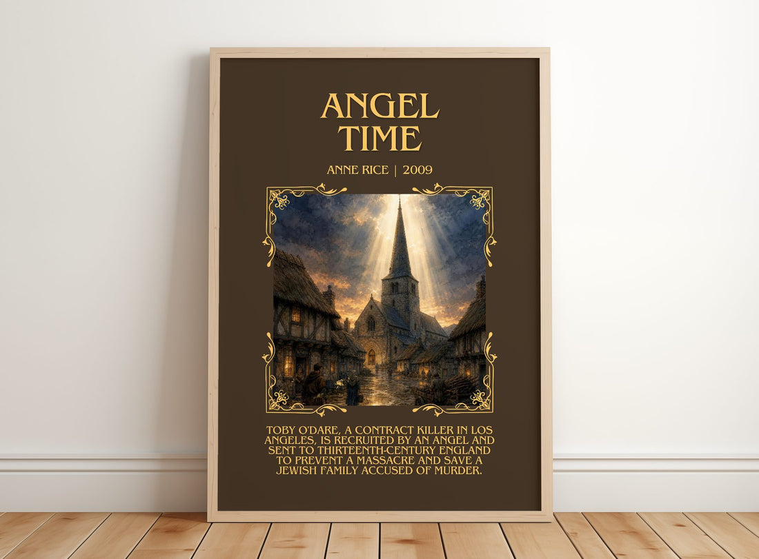 Angel Time Minimalist Book Poster by Anne Rice – framed print leaning on a wooden floor