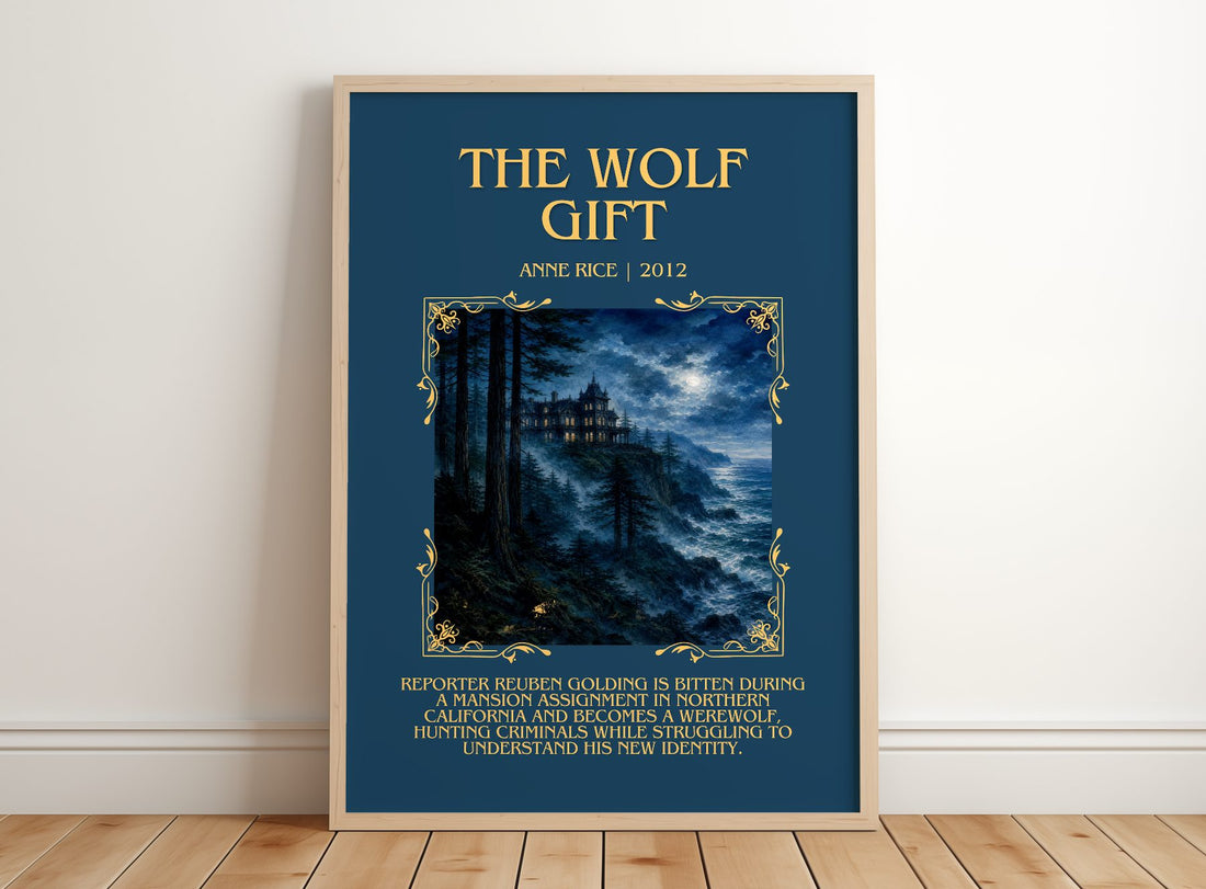 The Wolf Gift Minimalist Book Poster by Anne Rice – framed print leaning on a wooden floor
