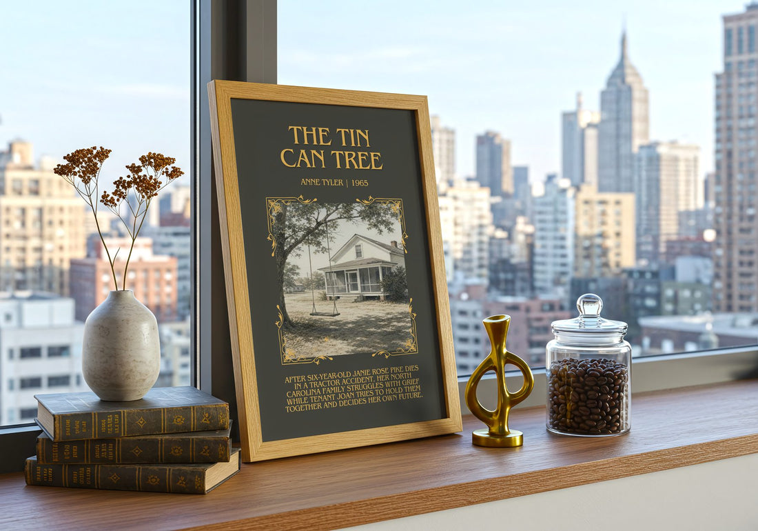 The Tin Can Tree Minimalist Book Poster by Anne Tyler – framed print on a city-view windowsill