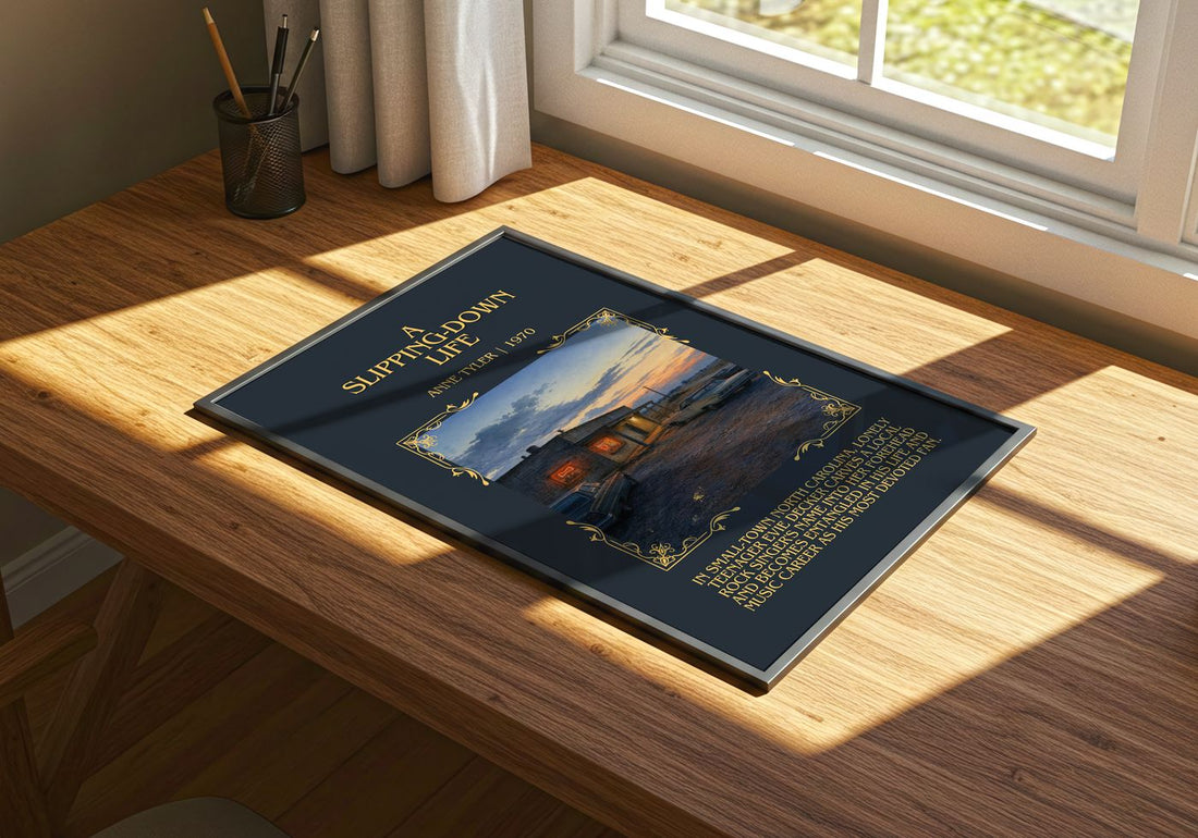 A Slipping-Down Life Minimalist Book Poster by Anne Tyler – print on a sunlit desk