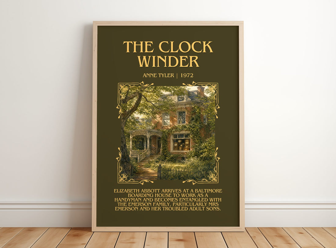 The Clock Winder Minimalist Book Poster by Anne Tyler – framed print leaning on a wooden floor