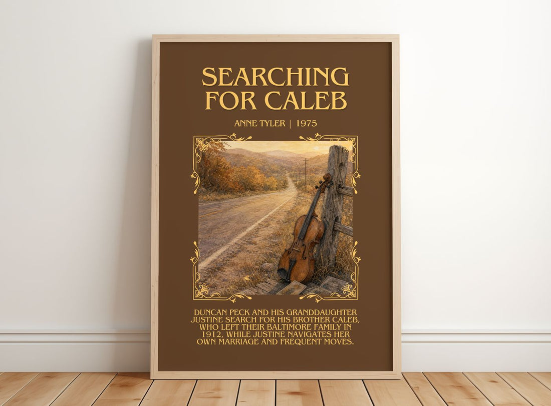Searching For Caleb Minimalist Book Poster by Anne Tyler – framed print leaning on a wooden floor