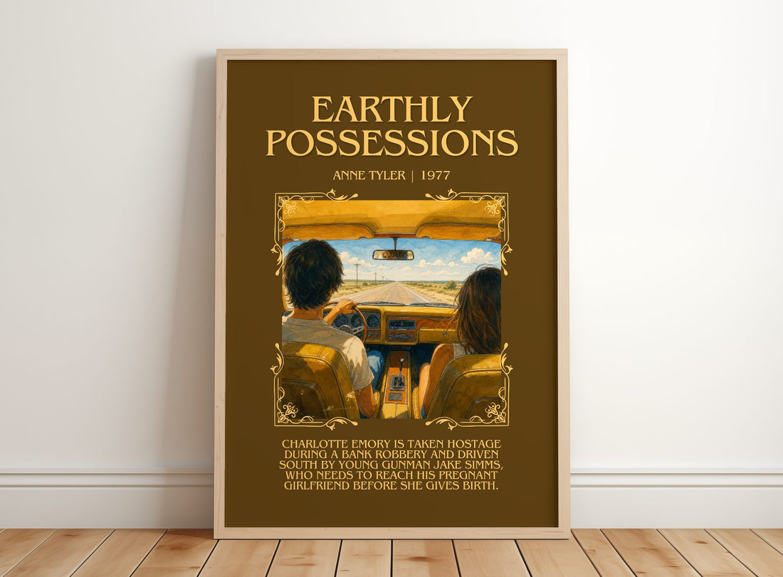 Earthly Possessions Minimalist Book Poster by Anne Tyler – framed print leaning on a wooden floor