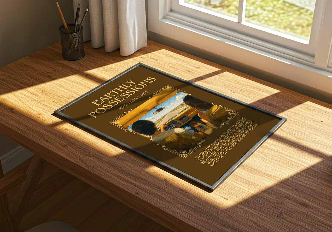 Earthly Possessions Minimalist Book Poster by Anne Tyler – print on a sunlit desk