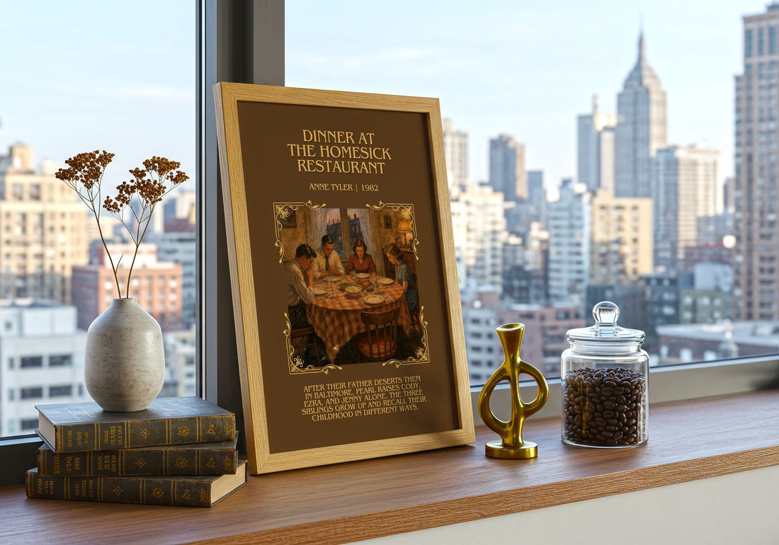 Dinner At The Homesick Restaurant Minimalist Book Poster by Anne Tyler – framed print on a city-view windowsill