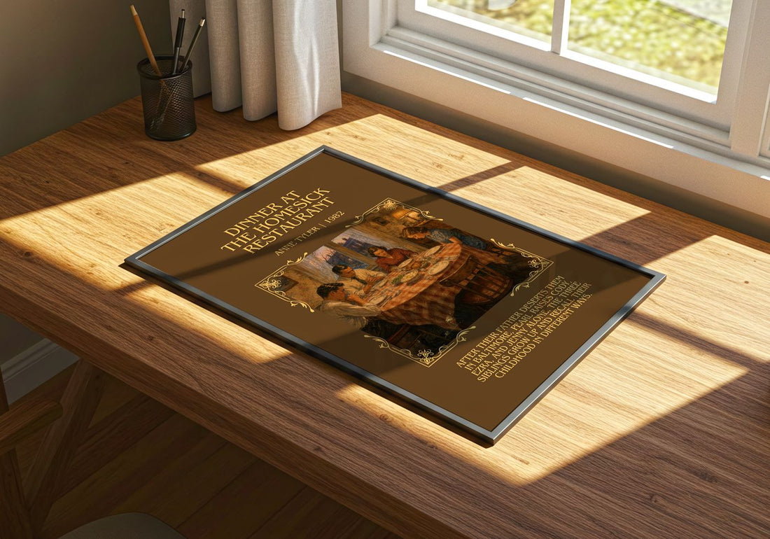 Dinner At The Homesick Restaurant Minimalist Book Poster by Anne Tyler – print on a sunlit desk