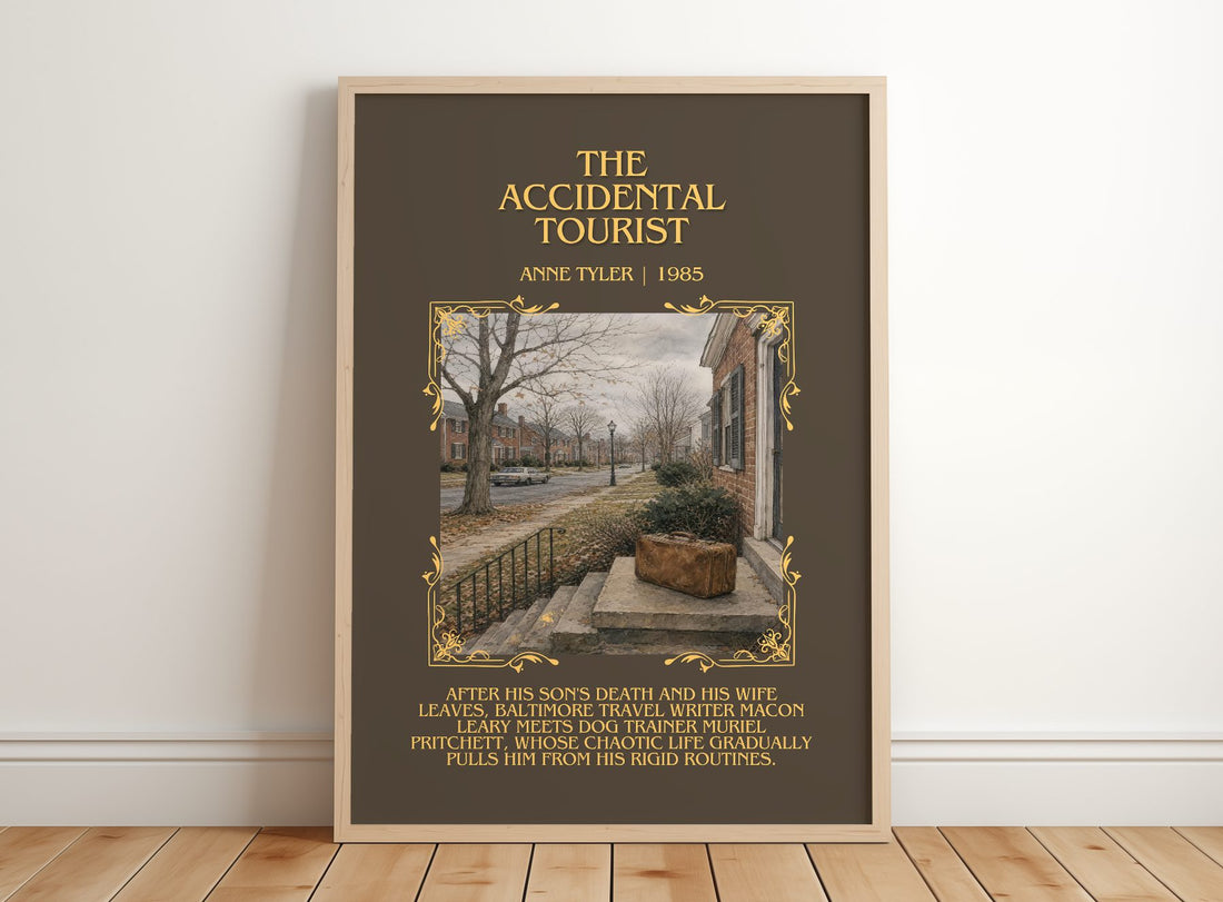 The Accidental Tourist Minimalist Book Poster by Anne Tyler – framed print leaning on a wooden floor