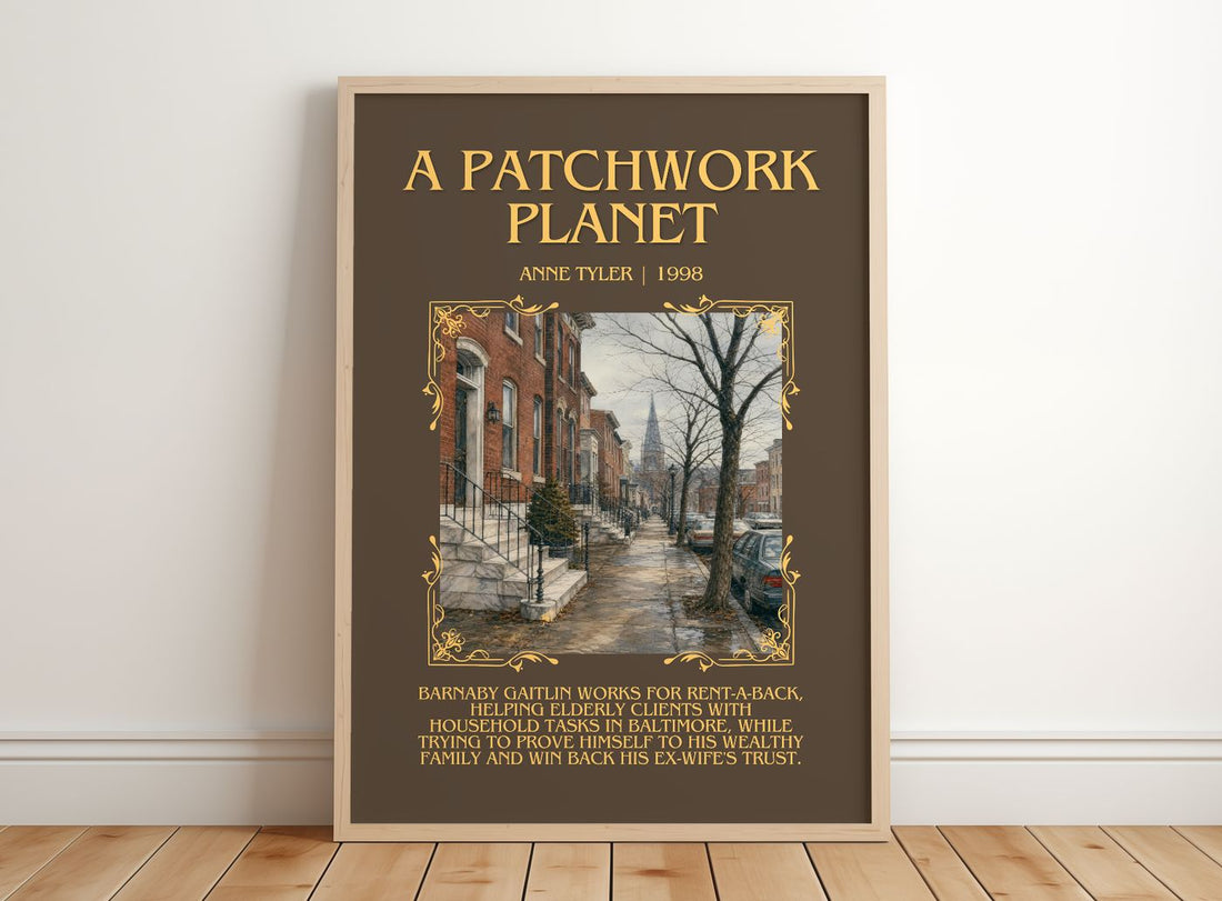 A Patchwork Planet Minimalist Book Poster by Anne Tyler – framed print leaning on a wooden floor