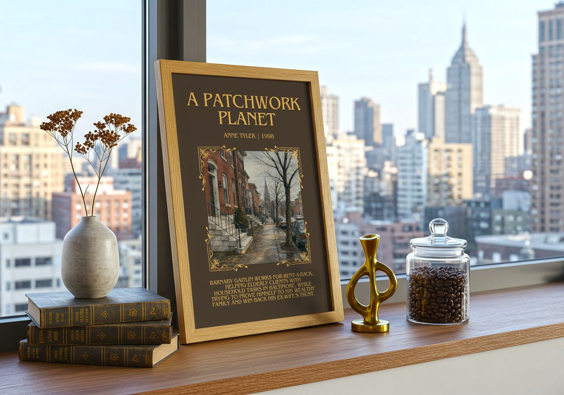 A Patchwork Planet Minimalist Book Poster by Anne Tyler – framed print on a city-view windowsill
