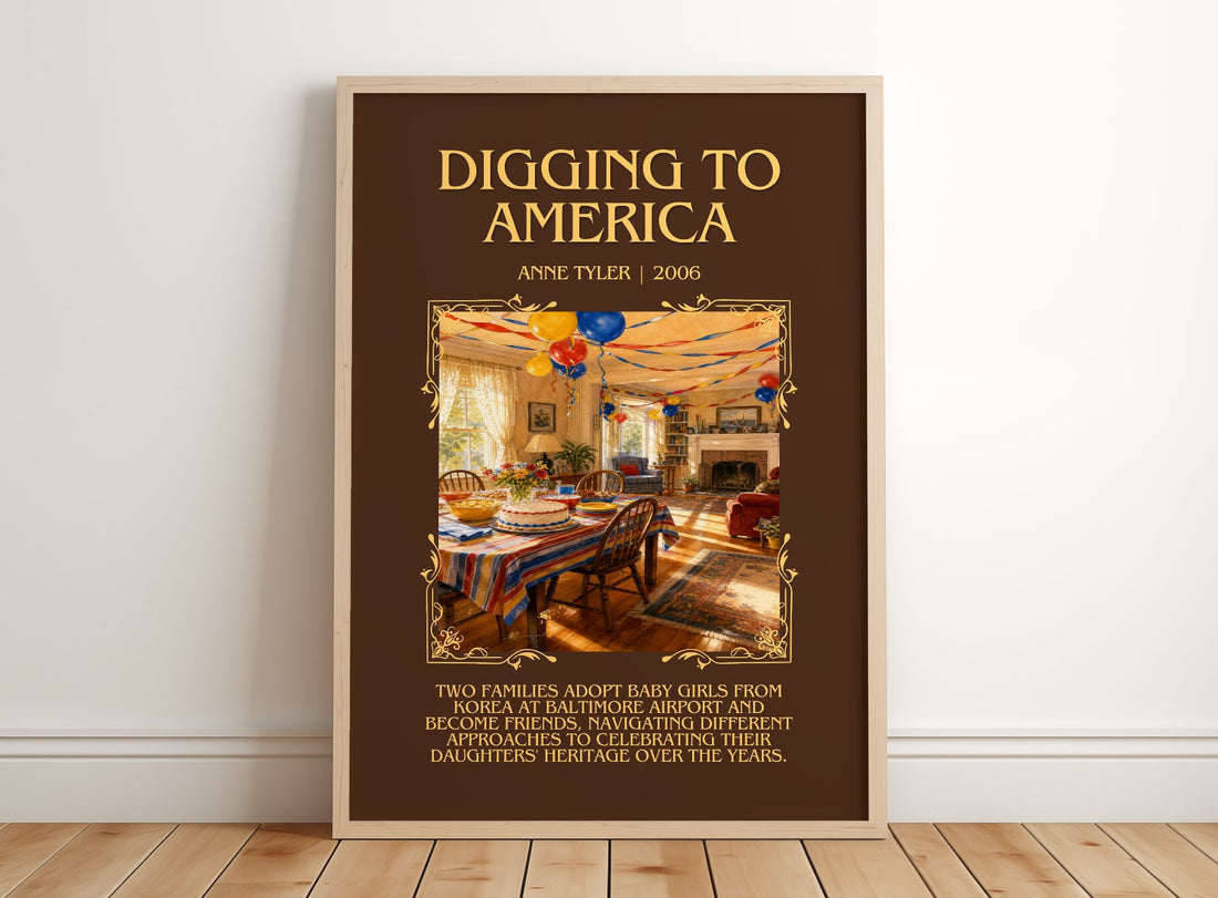 Digging To America Minimalist Book Poster by Anne Tyler – framed print leaning on a wooden floor