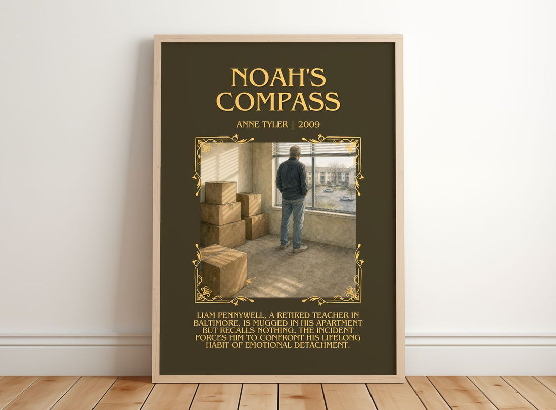 Noah'S Compass Minimalist Book Poster by Anne Tyler – framed print leaning on a wooden floor