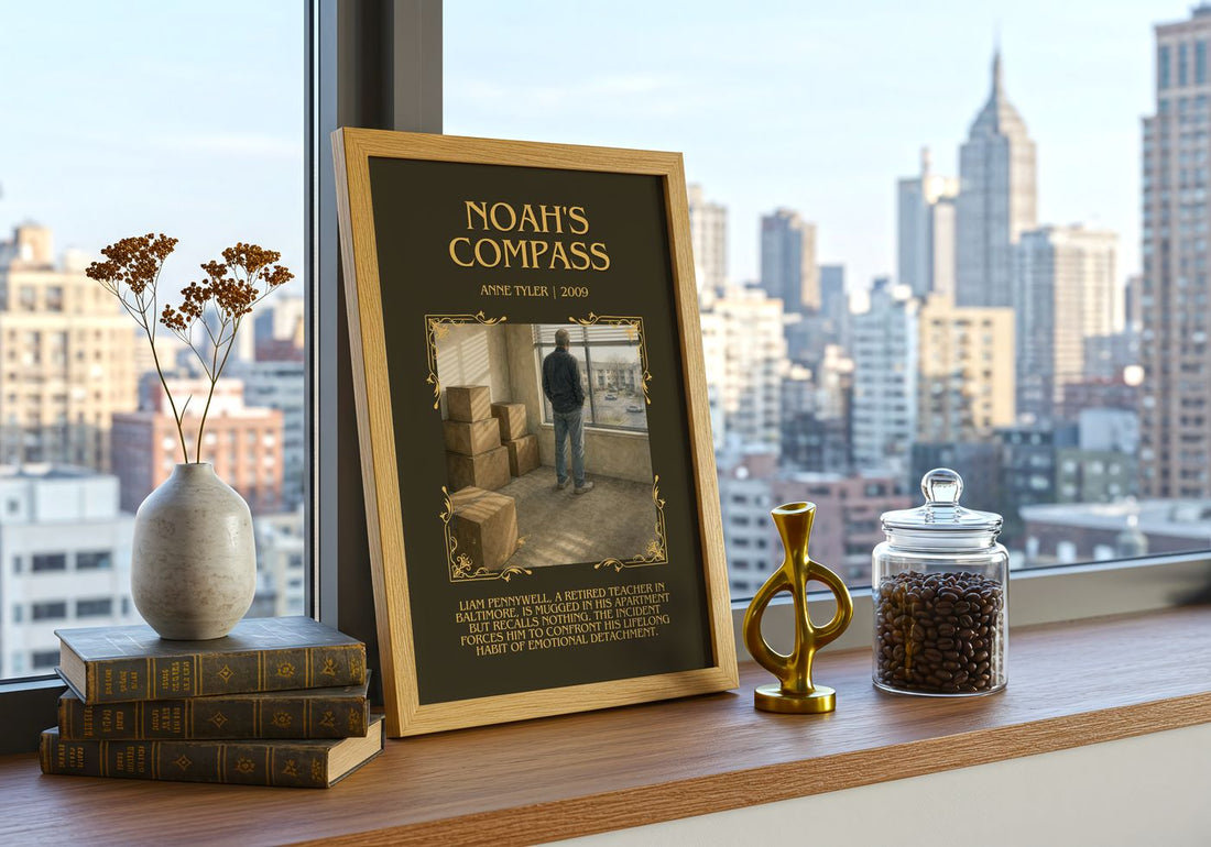 Noah'S Compass Minimalist Book Poster by Anne Tyler – framed print on a city-view windowsill