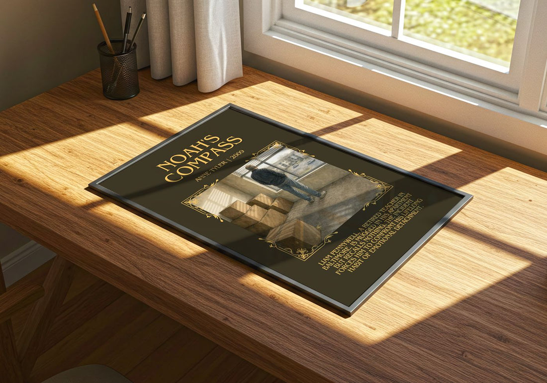 Noah'S Compass Minimalist Book Poster by Anne Tyler – print on a sunlit desk