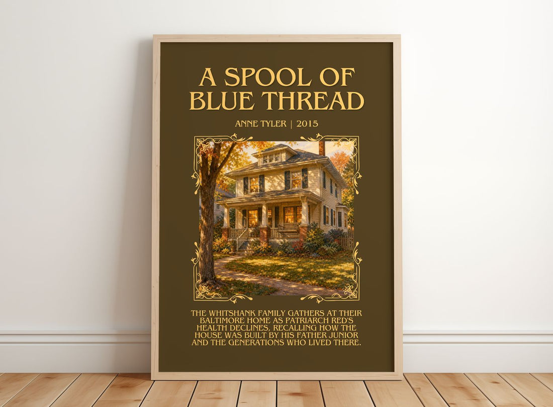 A Spool Of Blue Thread Minimalist Book Poster by Anne Tyler – framed print leaning on a wooden floor