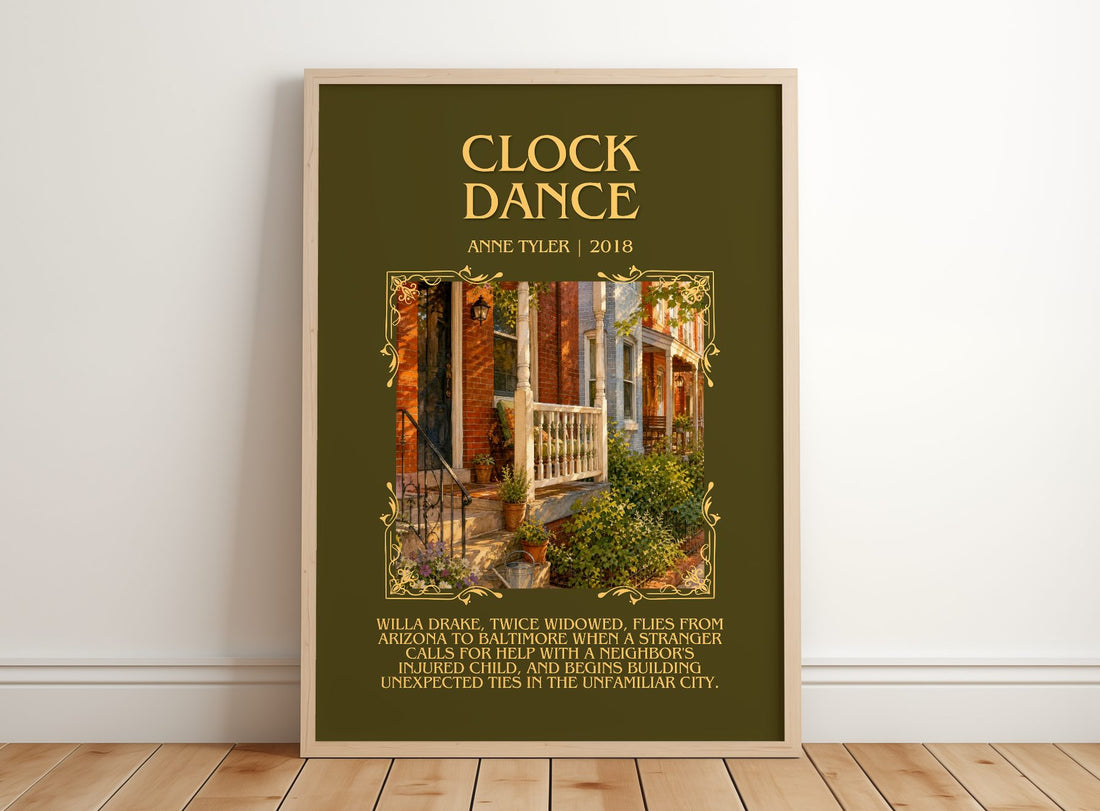 Clock Dance Minimalist Book Poster by Anne Tyler – framed print leaning on a wooden floor