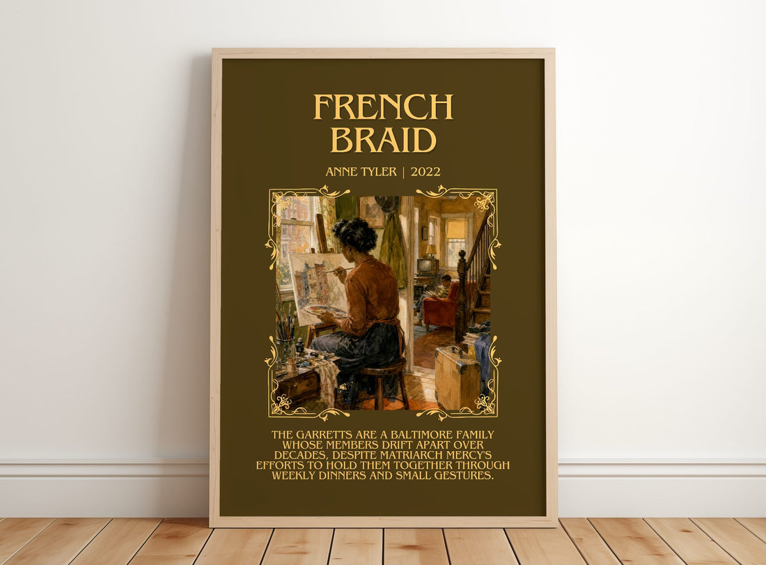 French Braid Minimalist Book Poster by Anne Tyler – framed print leaning on a wooden floor