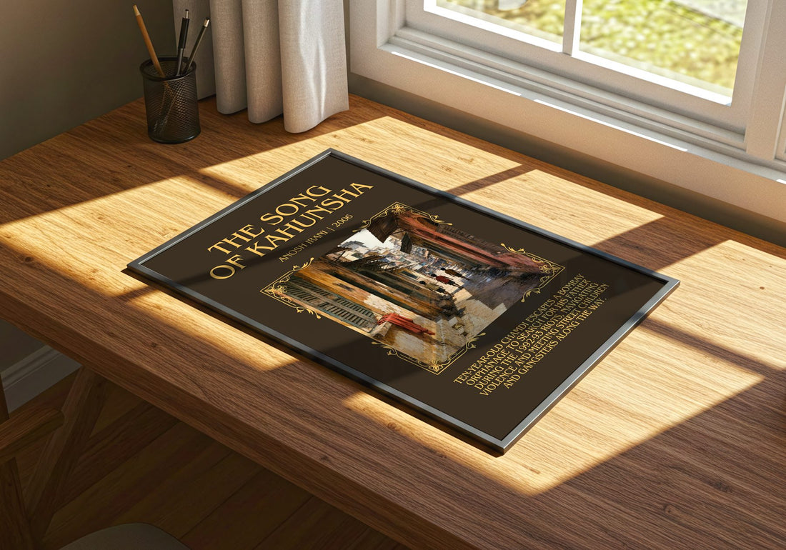 The Song Of Kahunsha Minimalist Book Poster by Anosh Irani – print on a sunlit desk