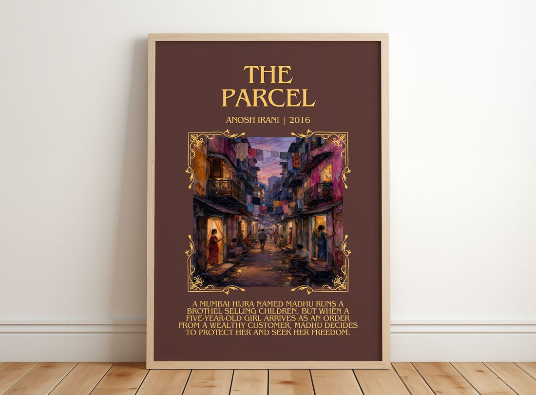 The Parcel Minimalist Book Poster by Anosh Irani – framed print leaning on a wooden floor