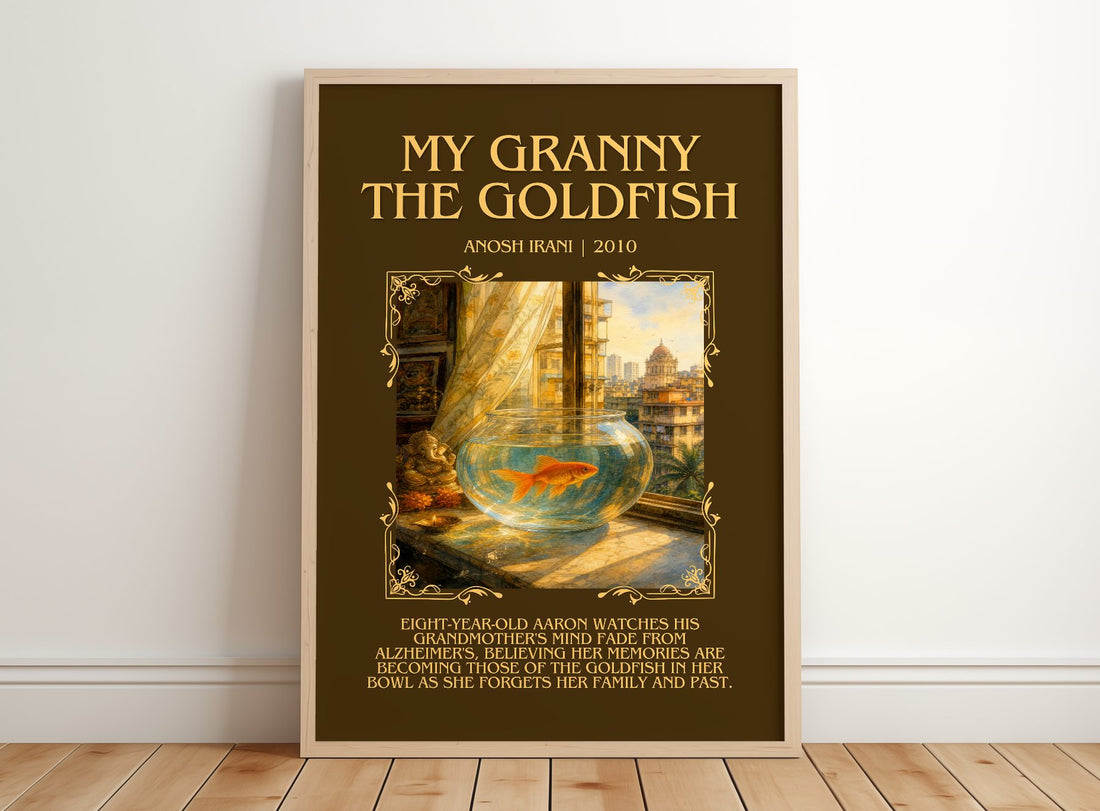 My Granny The Goldfish Minimalist Book Poster by Anosh Irani – framed print leaning on a wooden floor
