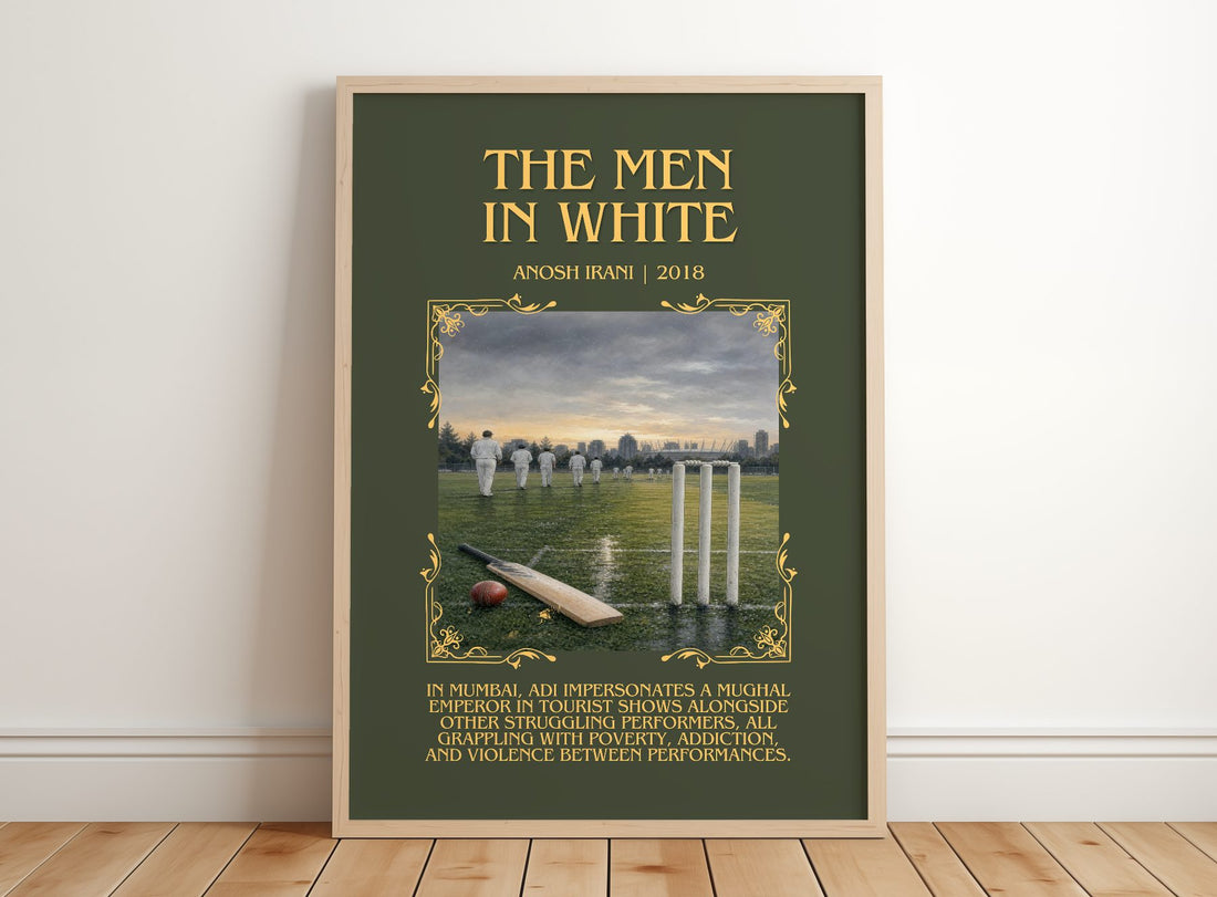 The Men In White Minimalist Book Poster by Anosh Irani – framed print leaning on a wooden floor
